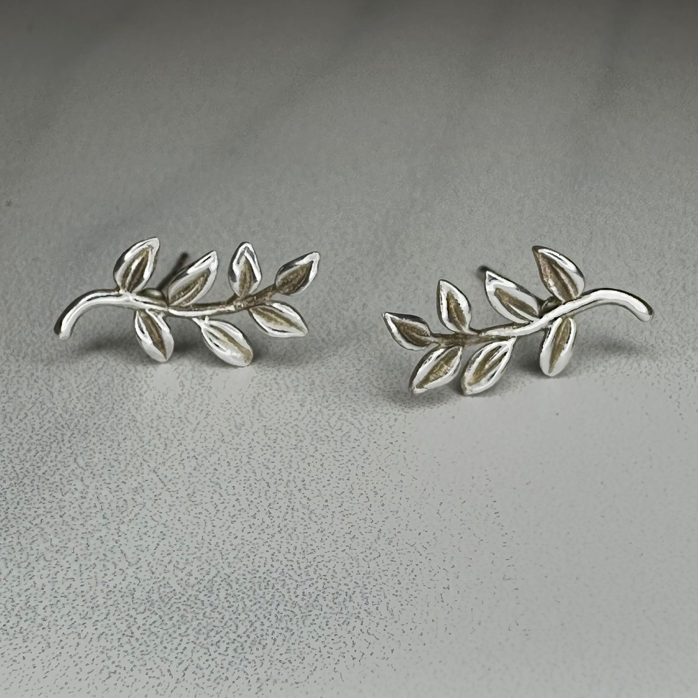 Sterling Silver Olive Branch Leaf Climber Stud Earrings 925‎
